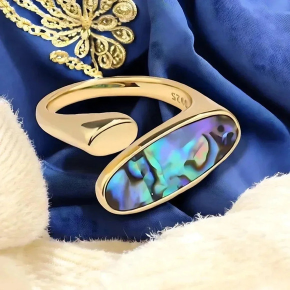 ๐๏ธ Boho Chic Adjustable Ring Abalone Shell 18K Gold Plated S925 Sterling Silver - Picture 6 of 15